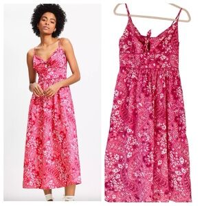 LOFT Pink Floral paisley tie front poplin Midi Dress